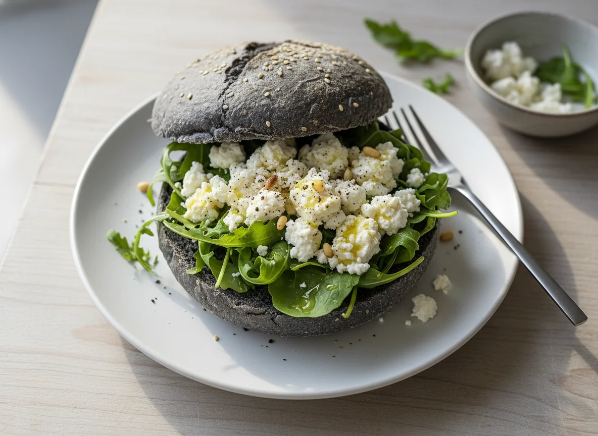 Charcoal Bun with Feta and Arugula photo