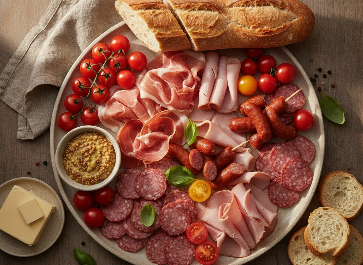 Charcuterie Platter with Bread and Tomatoes photo
