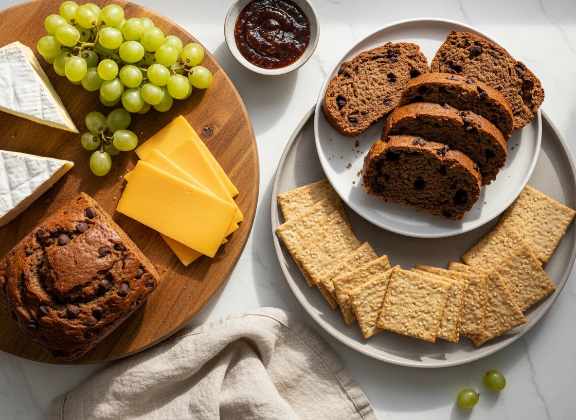 Cheese and Cracker Platter with Grapes and Chocolate Chip Loaf photo