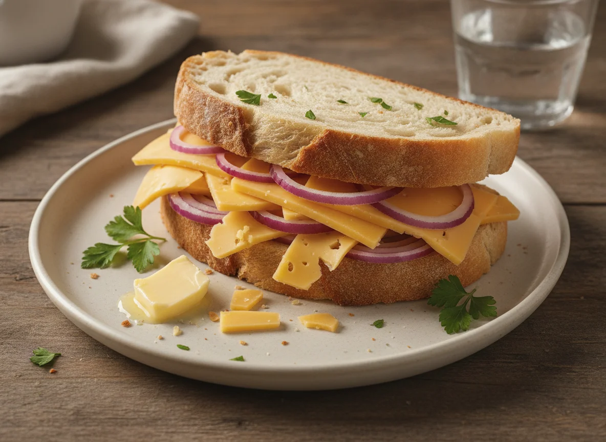 Cheese and red onion sandwich photo