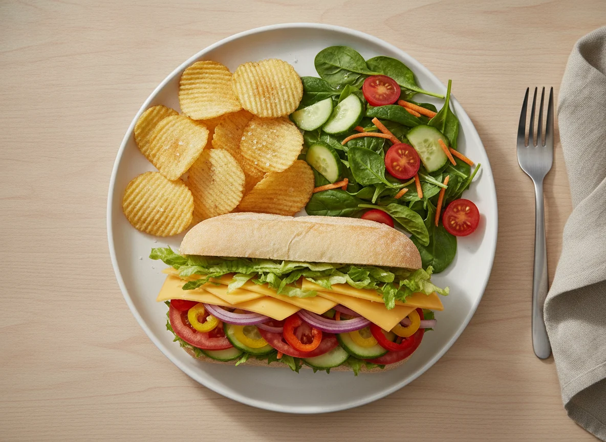 Cheese and Salad Sandwich with Crisps and Side Salad photo