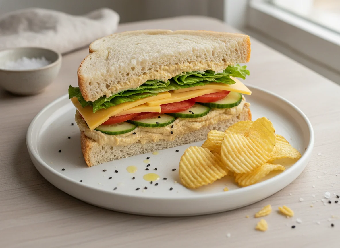 Cheese and Salad Sandwich with Hummus and Crisps photo