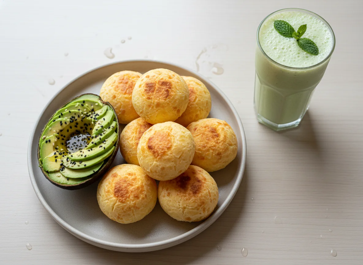 Cheese Bread and Avocado Bowl with Protein Shake photo