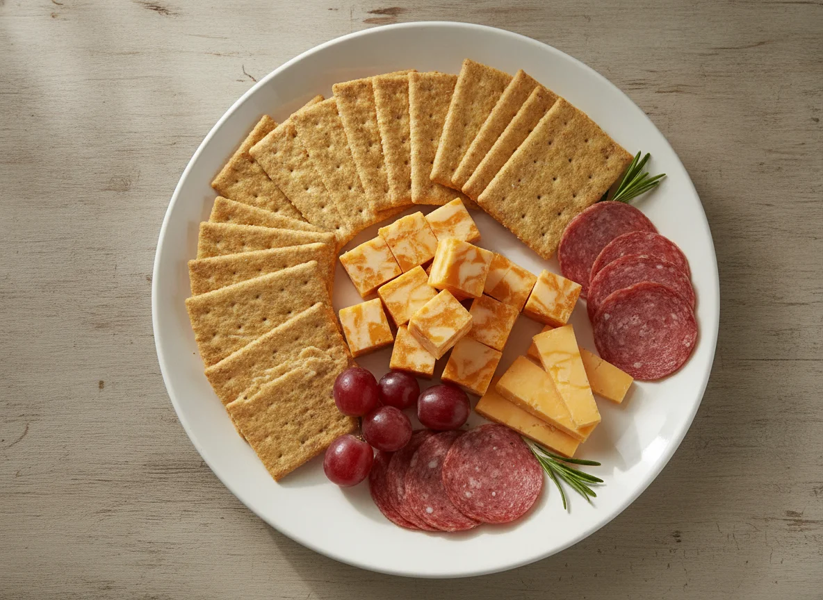 Cheese, Crackers, and Salami Snack Plate photo