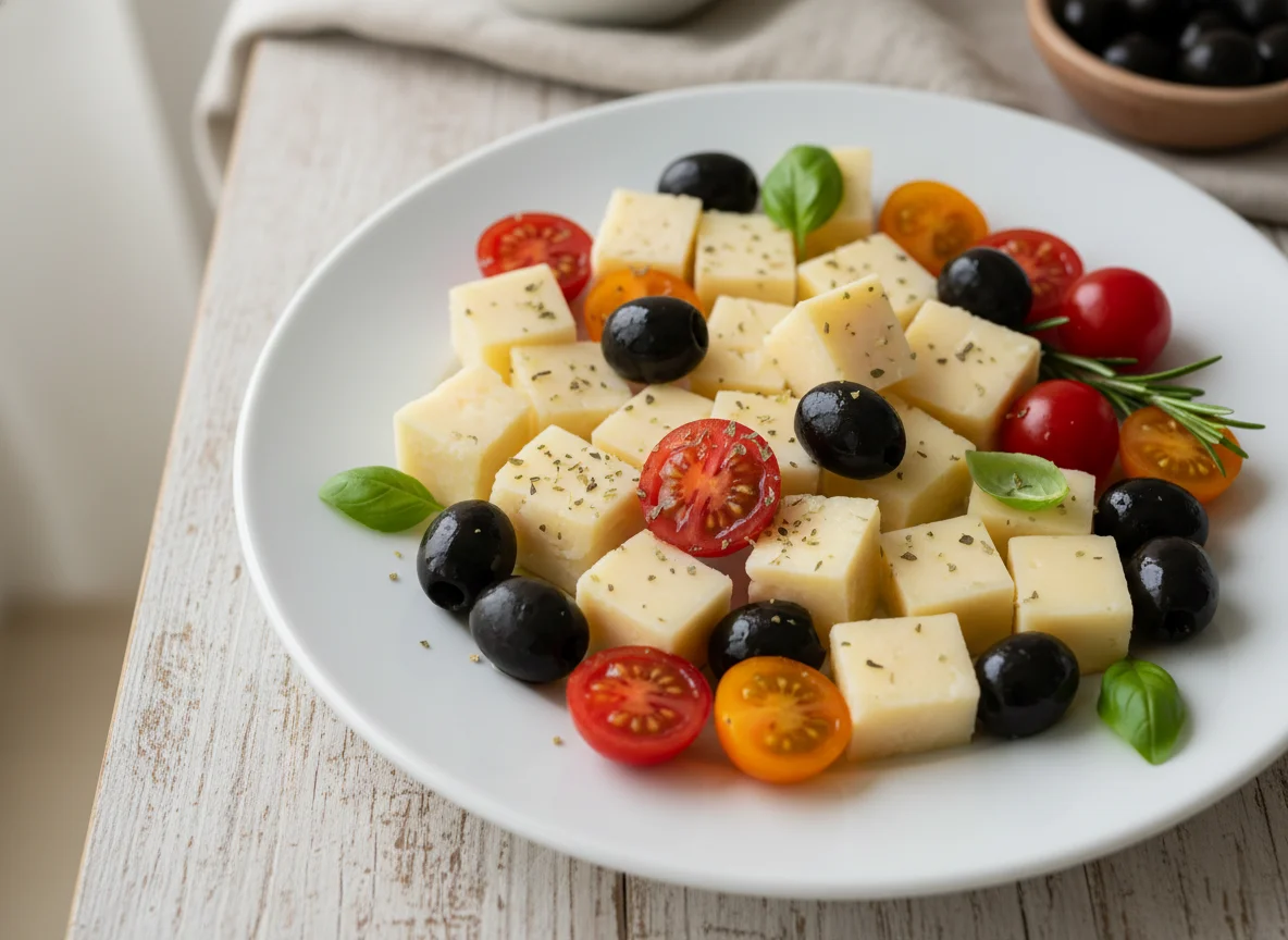 Cheese, Olives, and Cherry Tomatoes Snack photo
