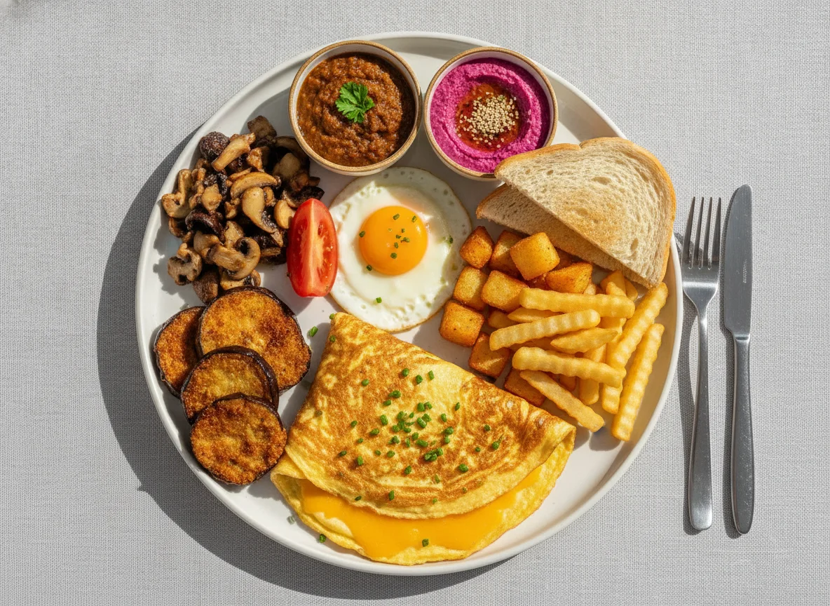 Cheese Omelette with Toast, Mushrooms, and Fried Potatoes photo