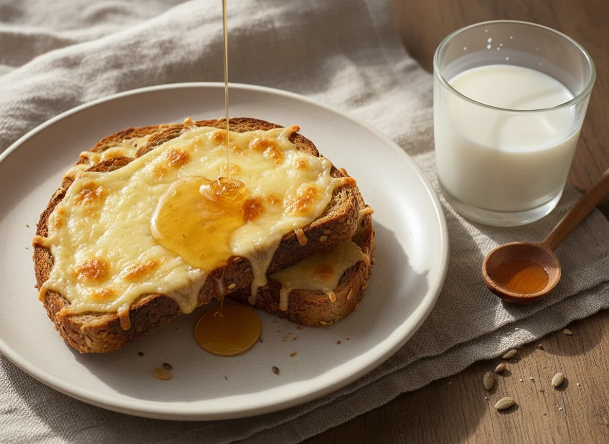 Cheese on toast with honey and milk photo