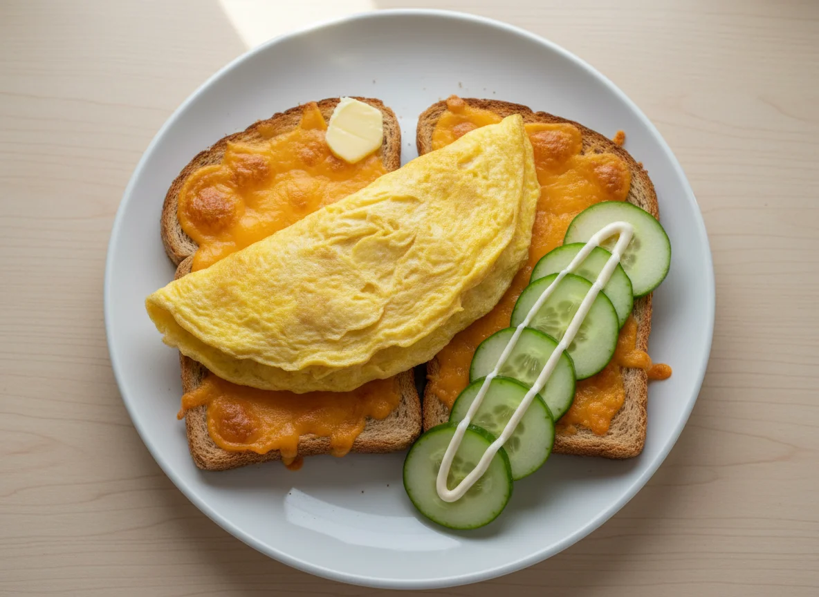 Cheese on toast with omelette and cucumber photo