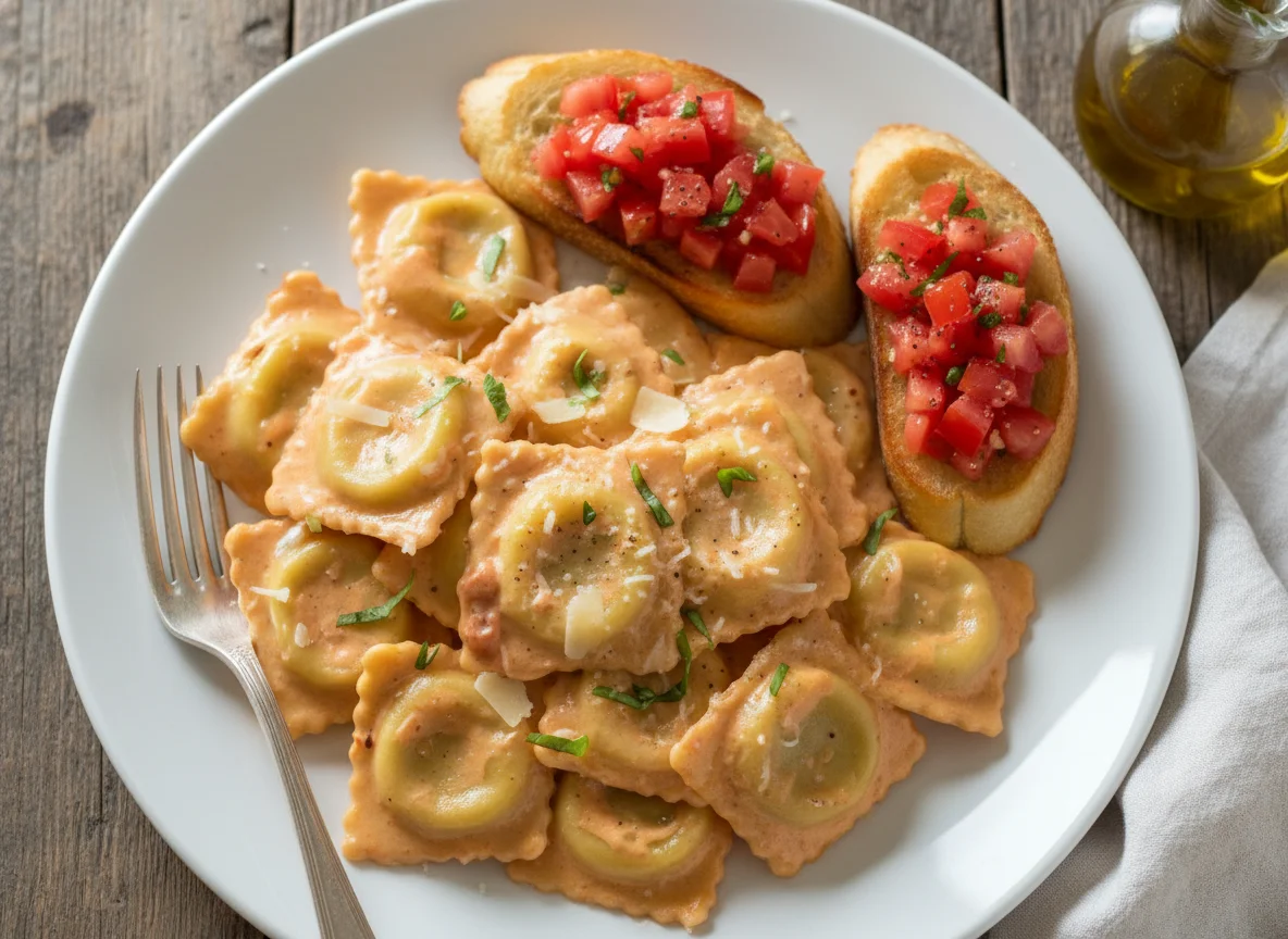 Cheese Ravioli with Vodka Sauce and Tomato Bruschetta photo