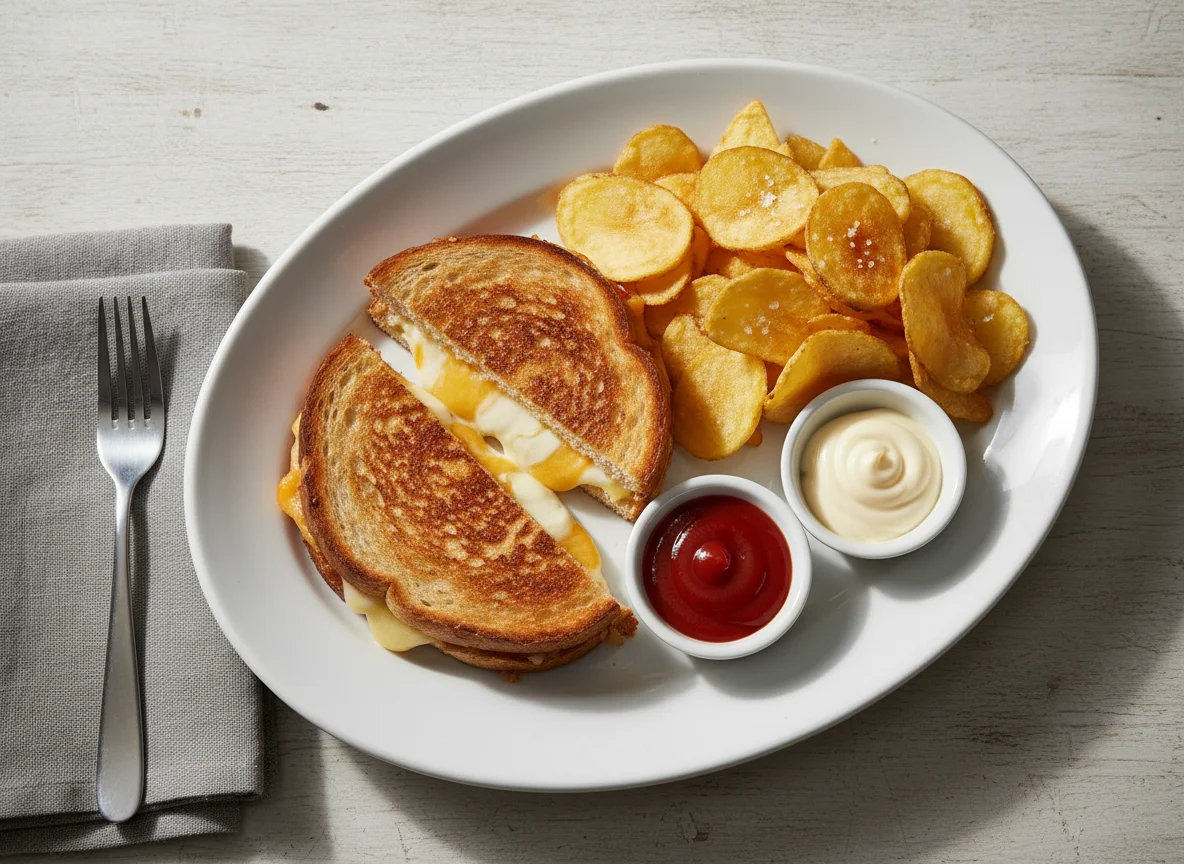 Cheese Toastie with Chips and Sauces photo