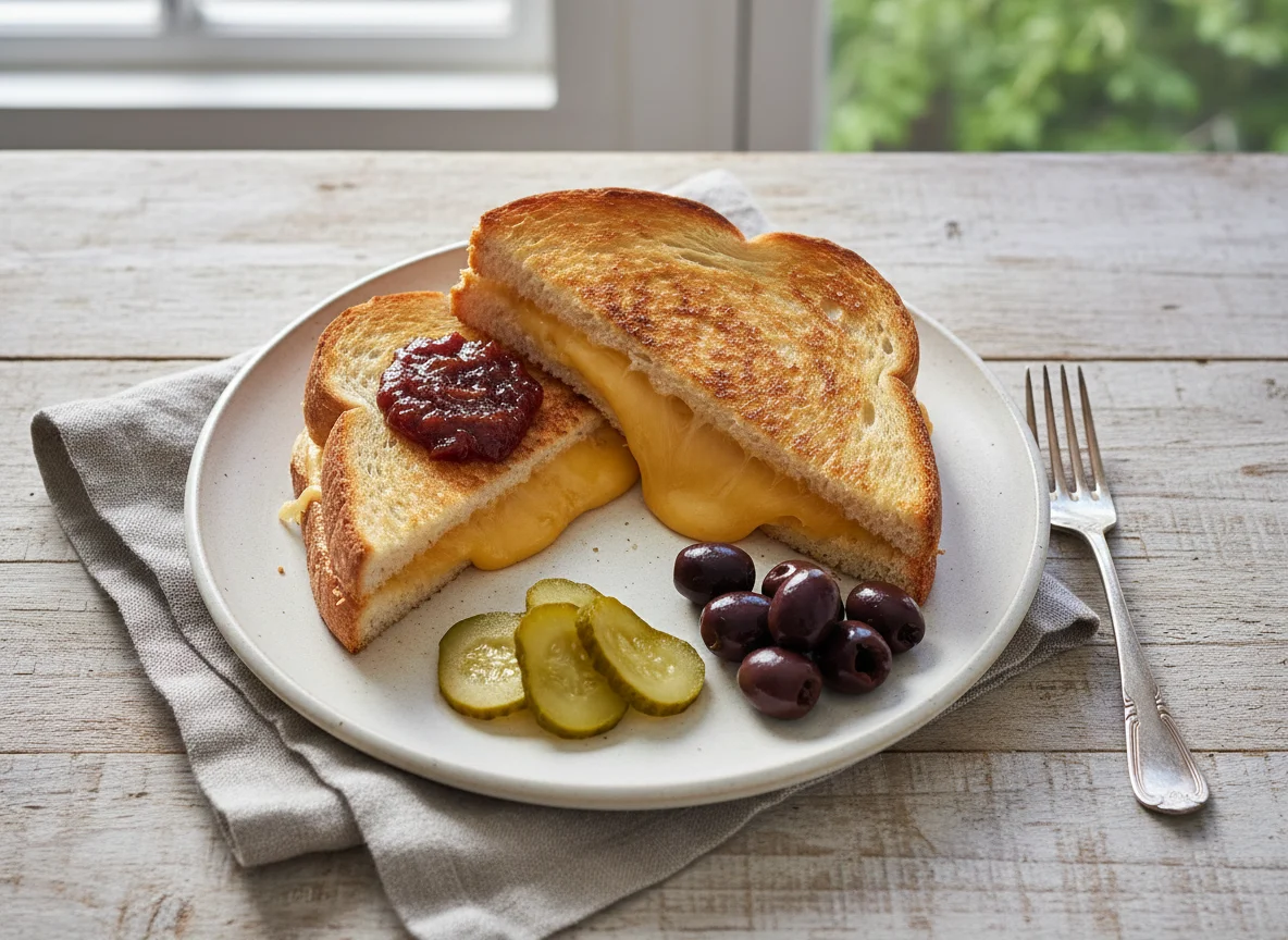 Cheese Toastie with Chutney, Gherkins and Olives photo