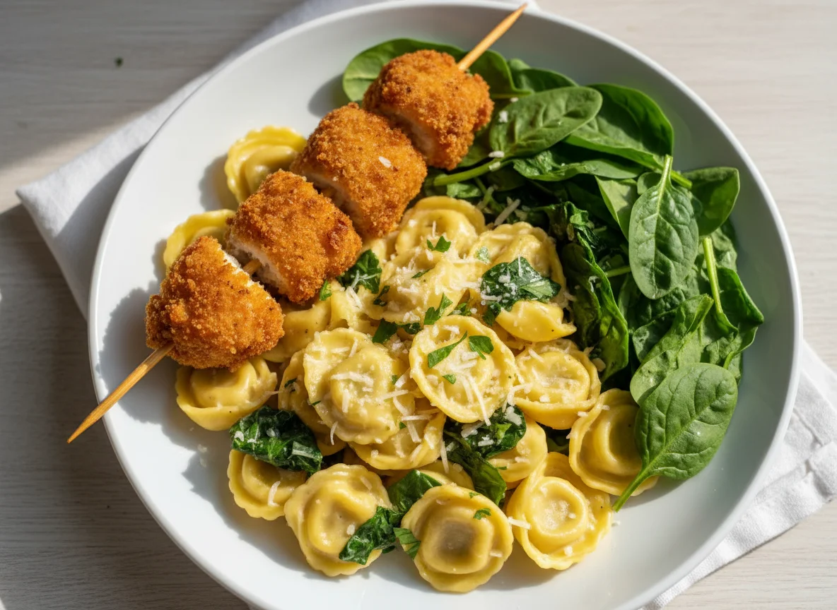Cheese Tortellini with Fried Chicken Skewer and Spinach photo