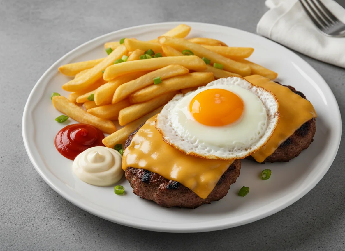 Cheeseburger patties with fried egg and fries photo
