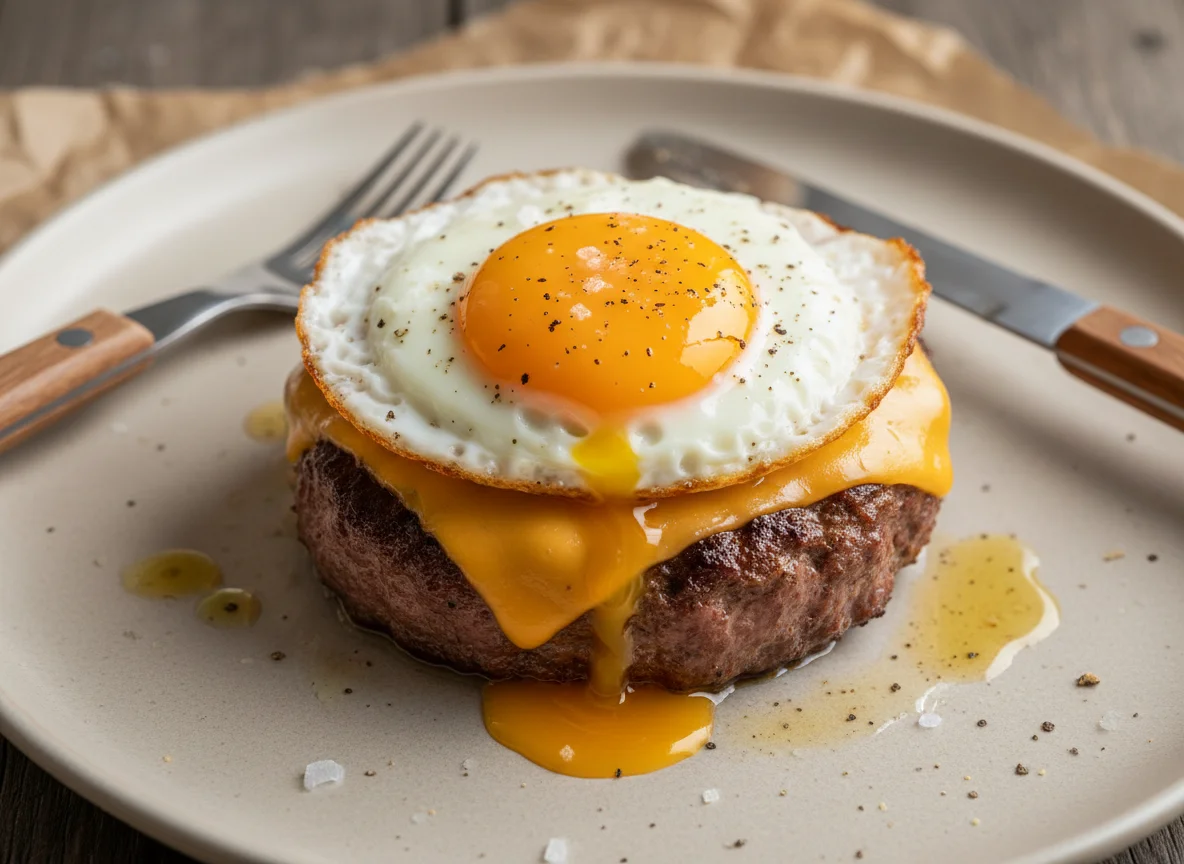 Cheeseburger patty and fried egg photo