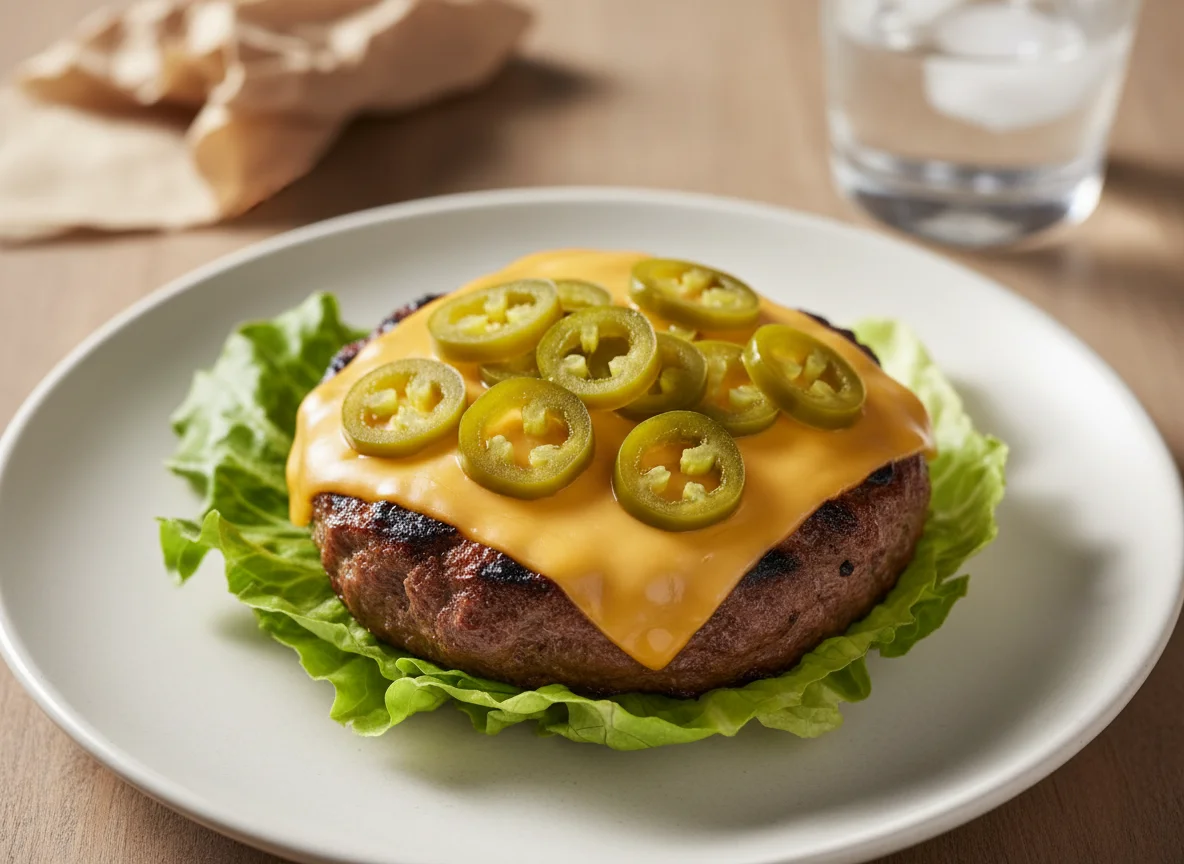 Cheeseburger patty with lettuce and jalapeños photo