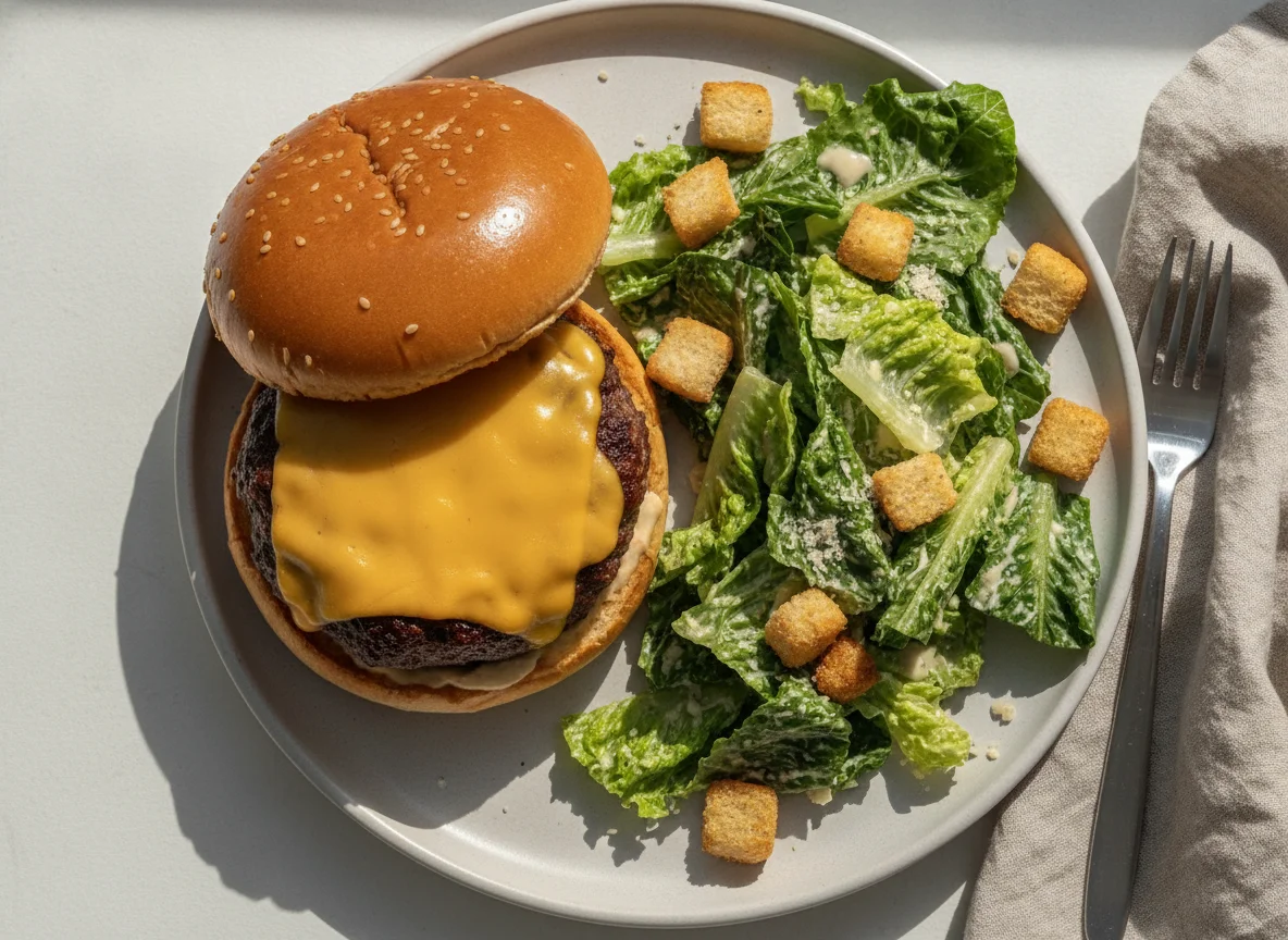 Cheeseburger with Caesar Salad photo