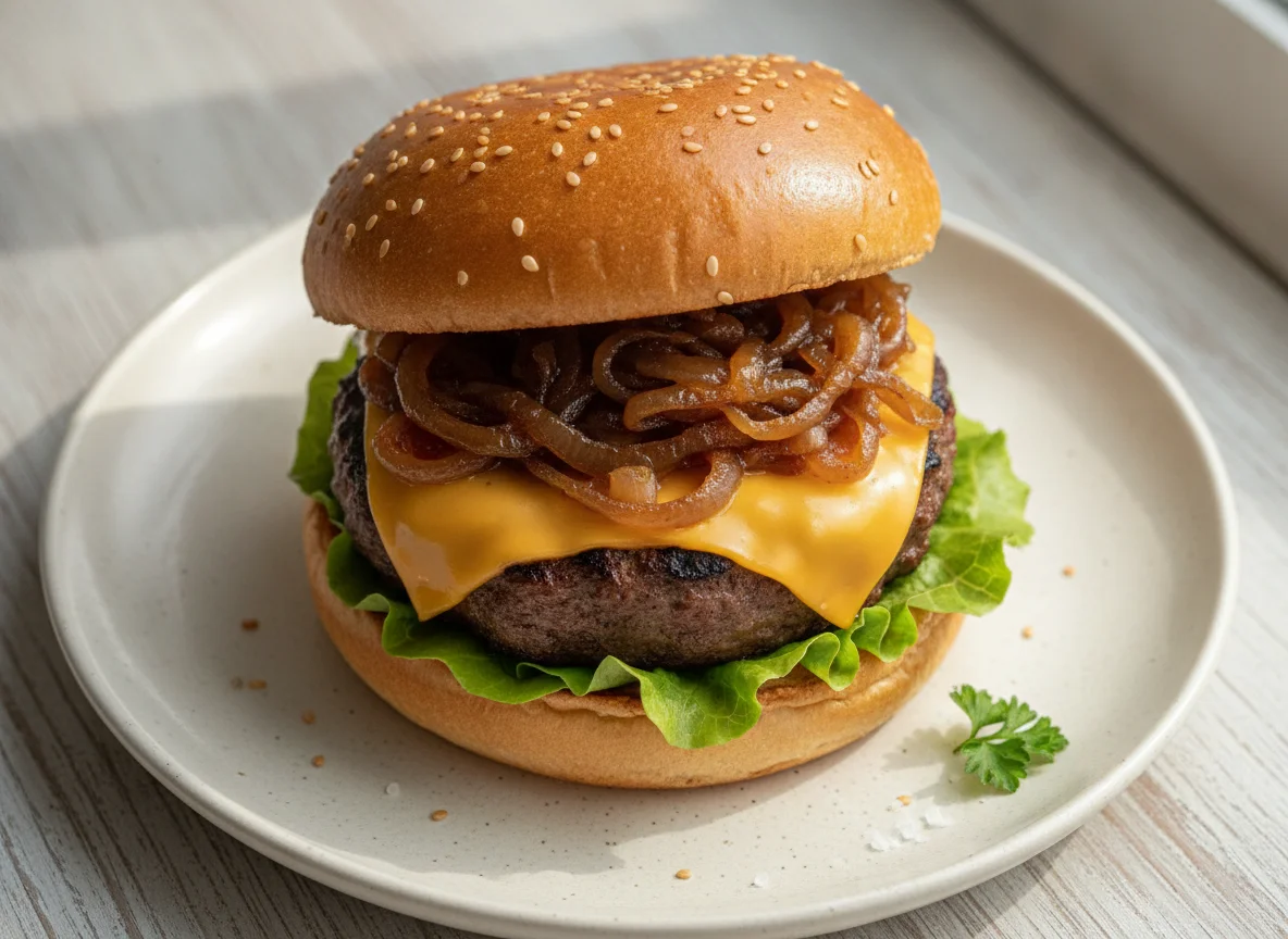 Cheeseburger with caramelized onions photo