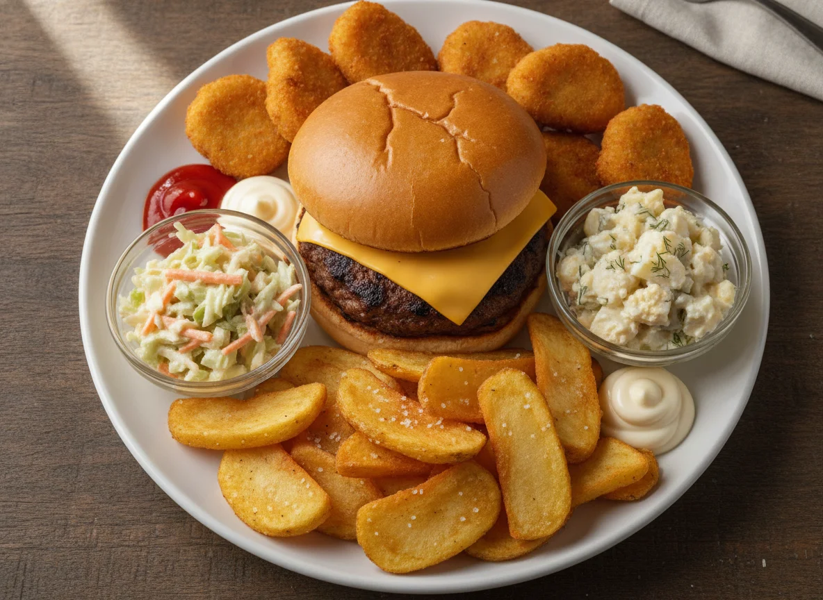 Cheeseburger with chips, coleslaw, potato salad, and nuggets photo