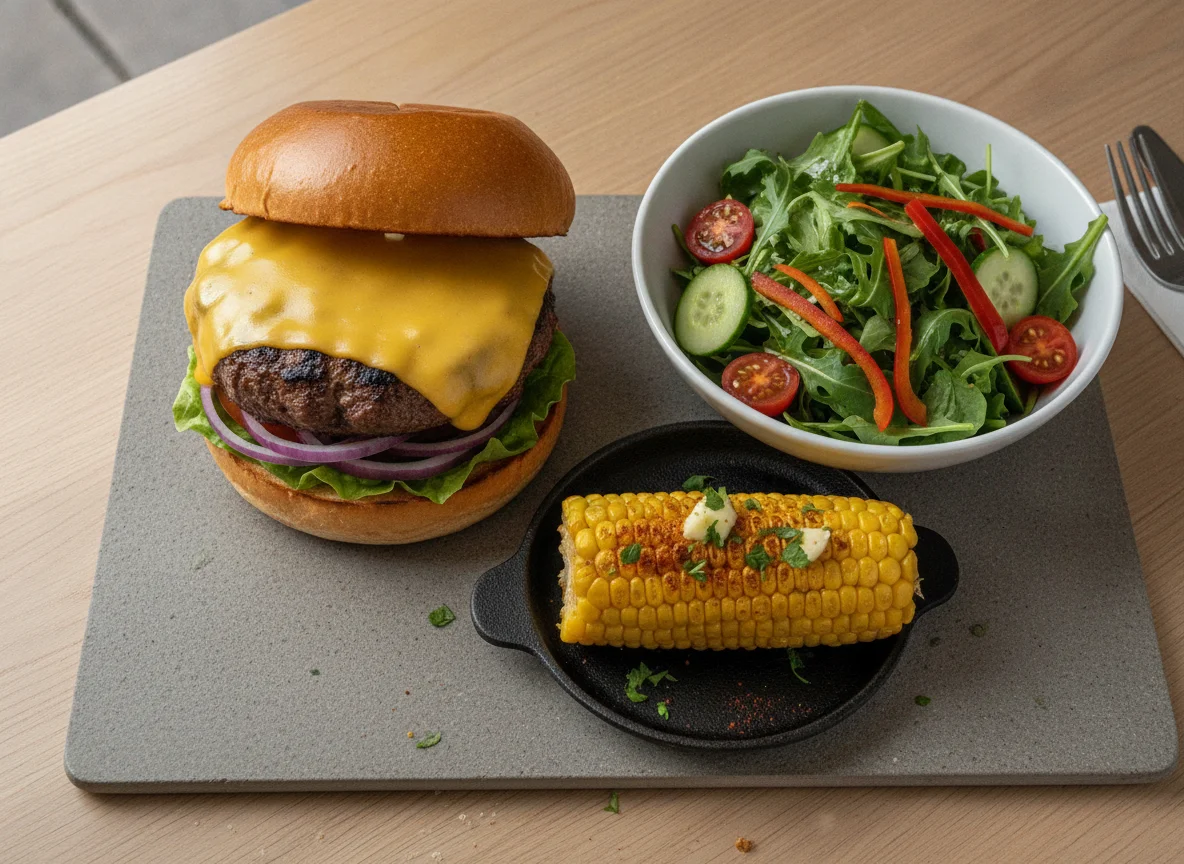 Cheeseburger with Corn on the Cob and Side Salad photo