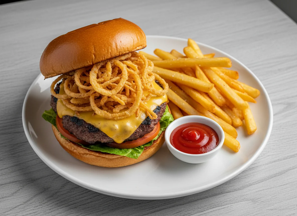 Cheeseburger with Crispy Onions and Fries photo