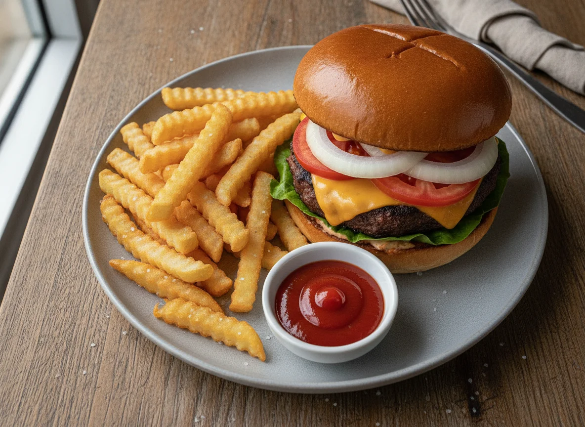 Cheeseburger with French Fries and Ketchup photo