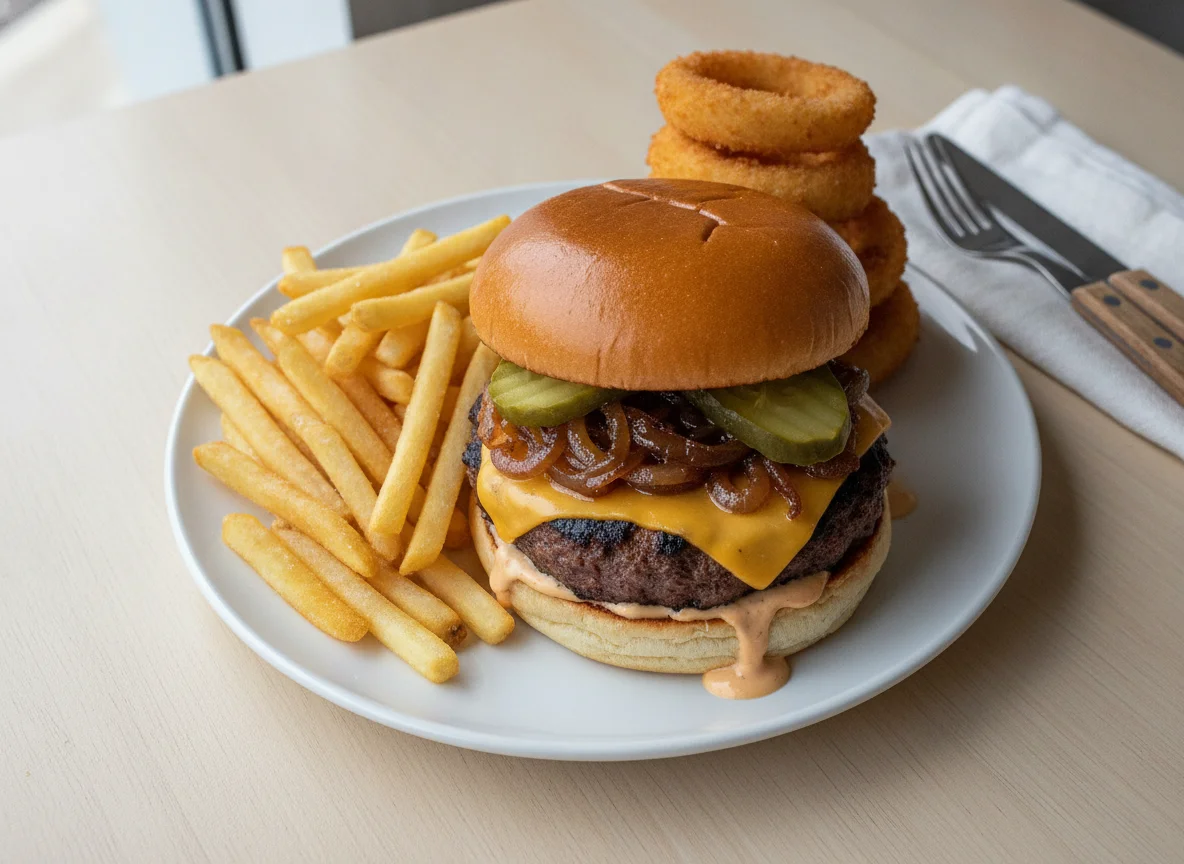 Cheeseburger with French Fries and Onion Rings photo