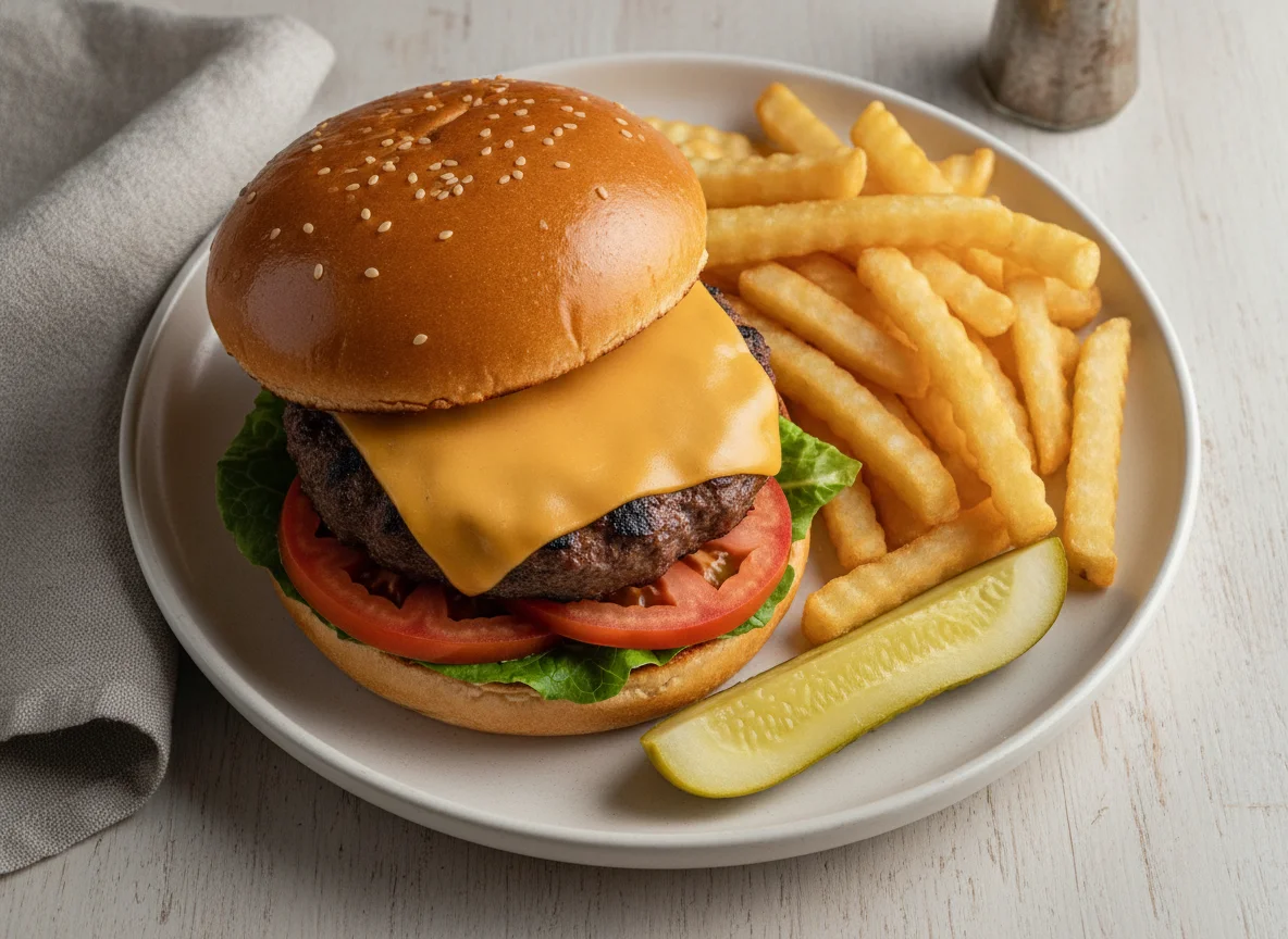 Cheeseburger with French Fries and Pickle photo