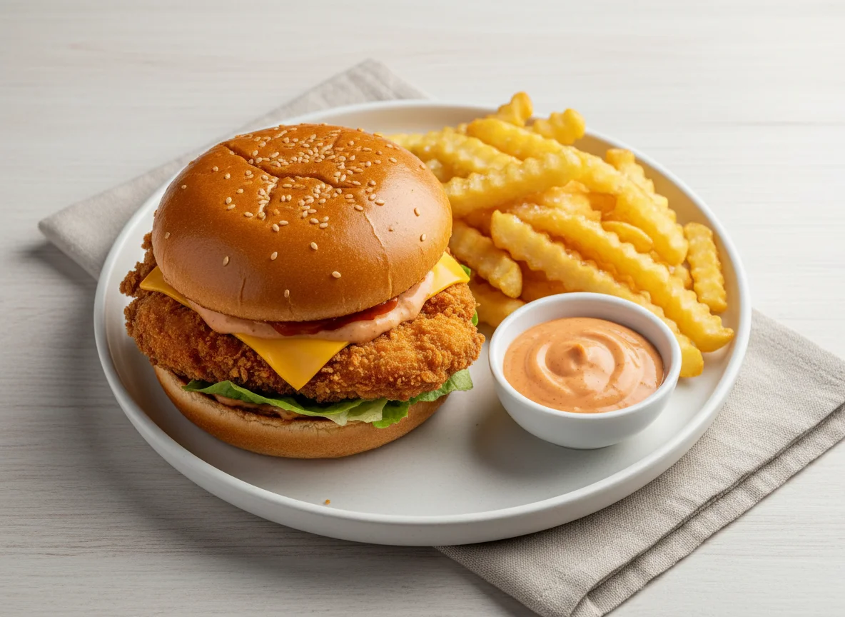 Cheeseburger with French Fries and Sauce photo