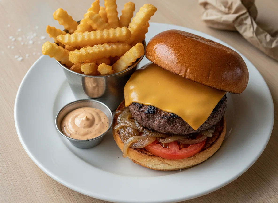 Cheeseburger with French Fries and Special Sauce photo