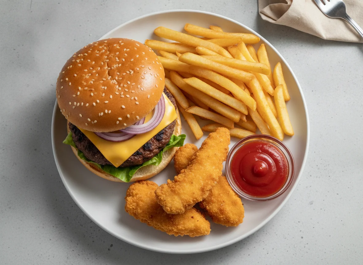 Cheeseburger with French Fries, Chicken Tenders and Ketchup photo