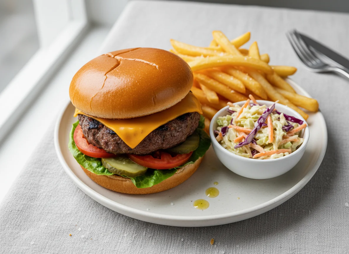 Cheeseburger with Fries and Coleslaw photo