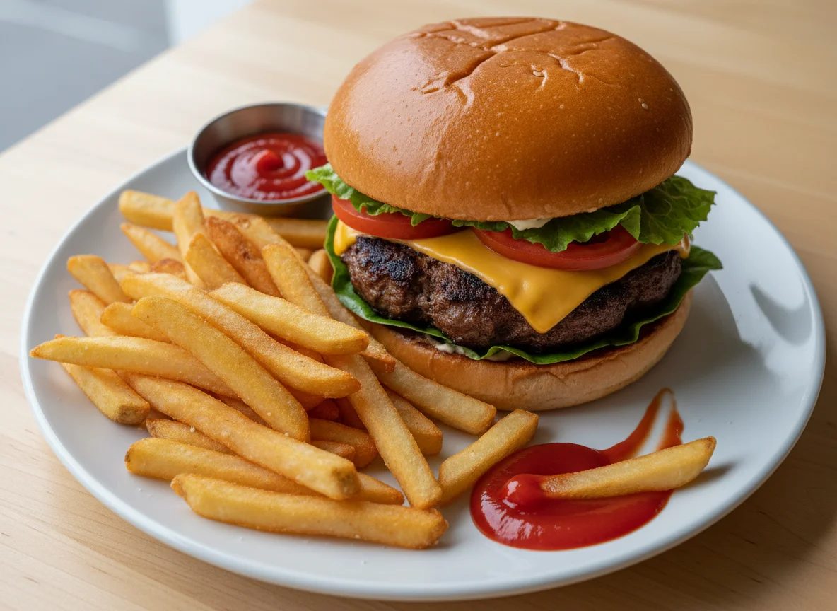 Cheeseburger with Fries and Ketchup photo