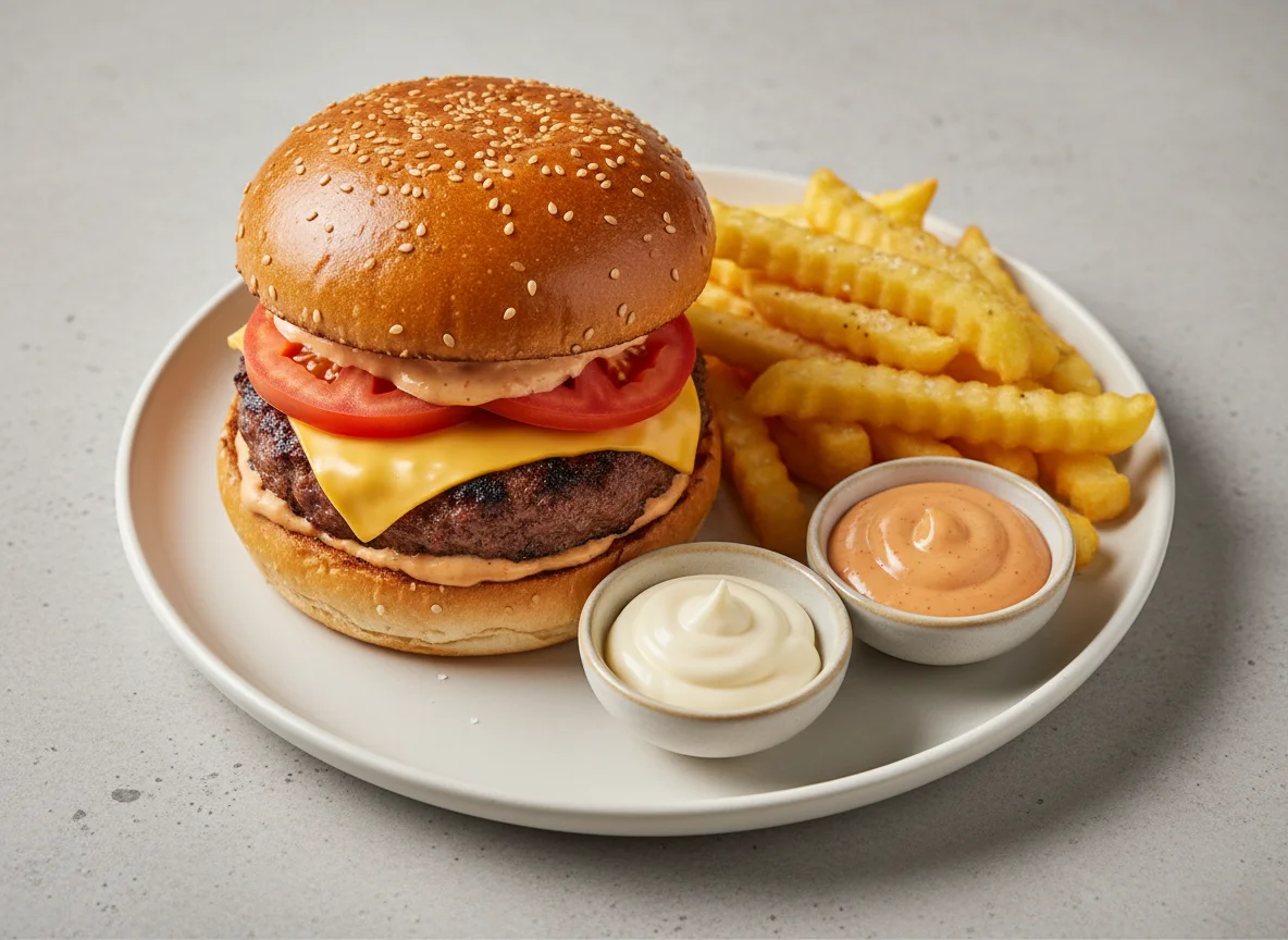 Cheeseburger with Fries and Mayonnaise photo