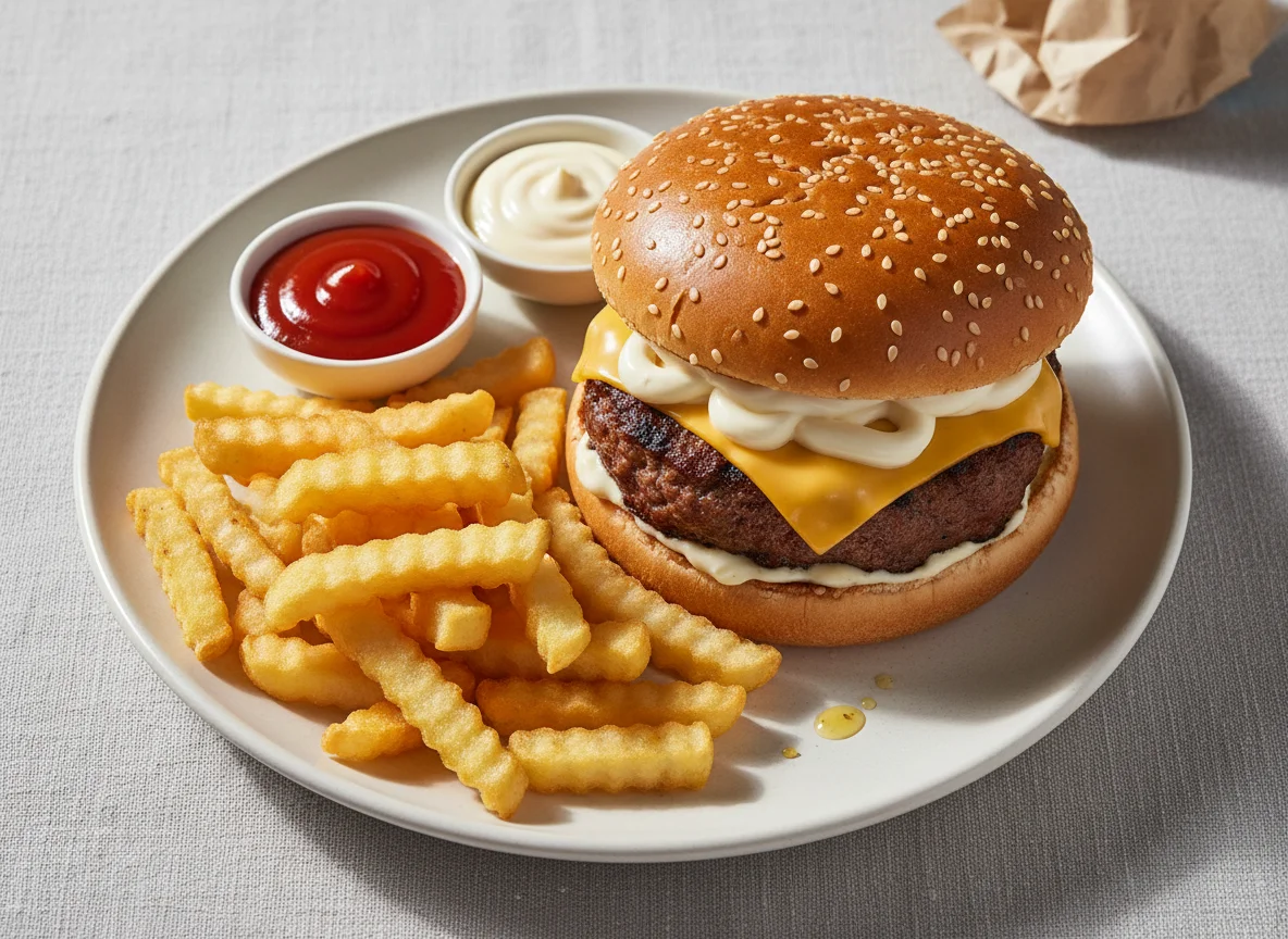 Cheeseburger with Fries and Sauces photo