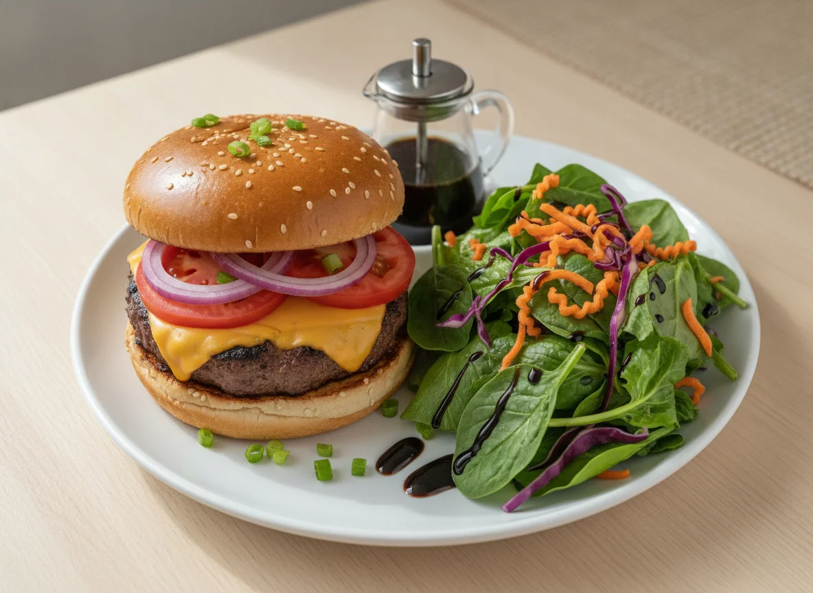 Cheeseburger with Garden Salad and Balsamic Vinaigrette photo