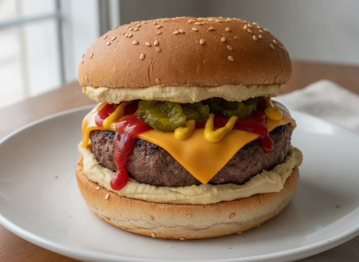 Cheeseburger with Hummus and Condiments photo
