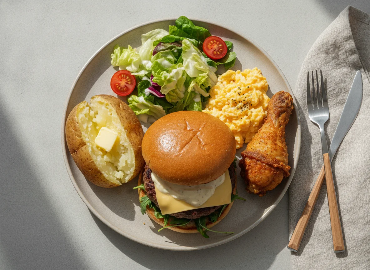 Cheeseburger with jacket potato, chicken drumstick, and scrambled eggs photo