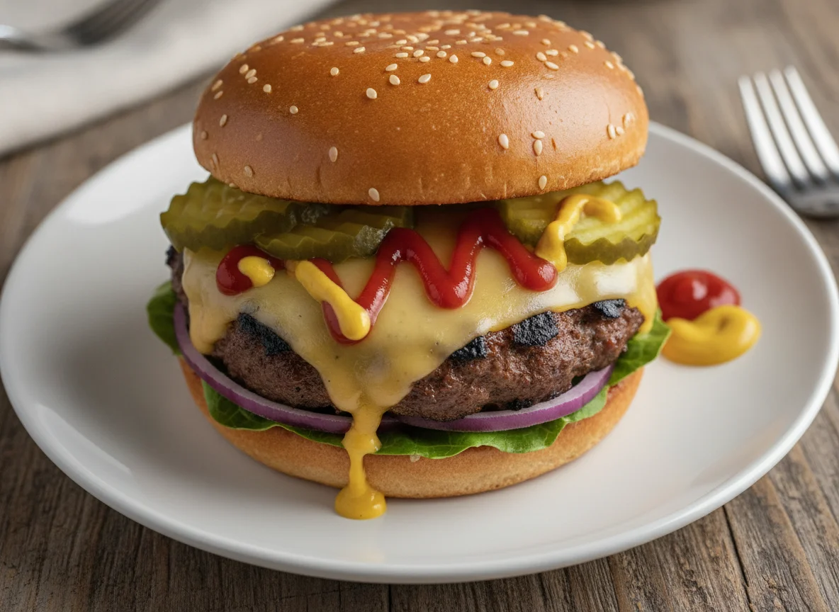 Cheeseburger with Pickles and Condiments photo