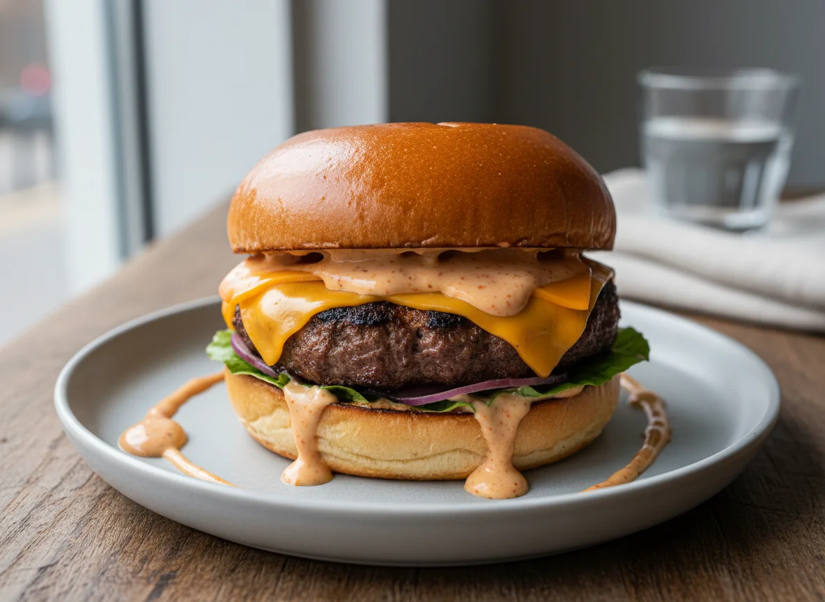 Cheeseburger with sauce photo