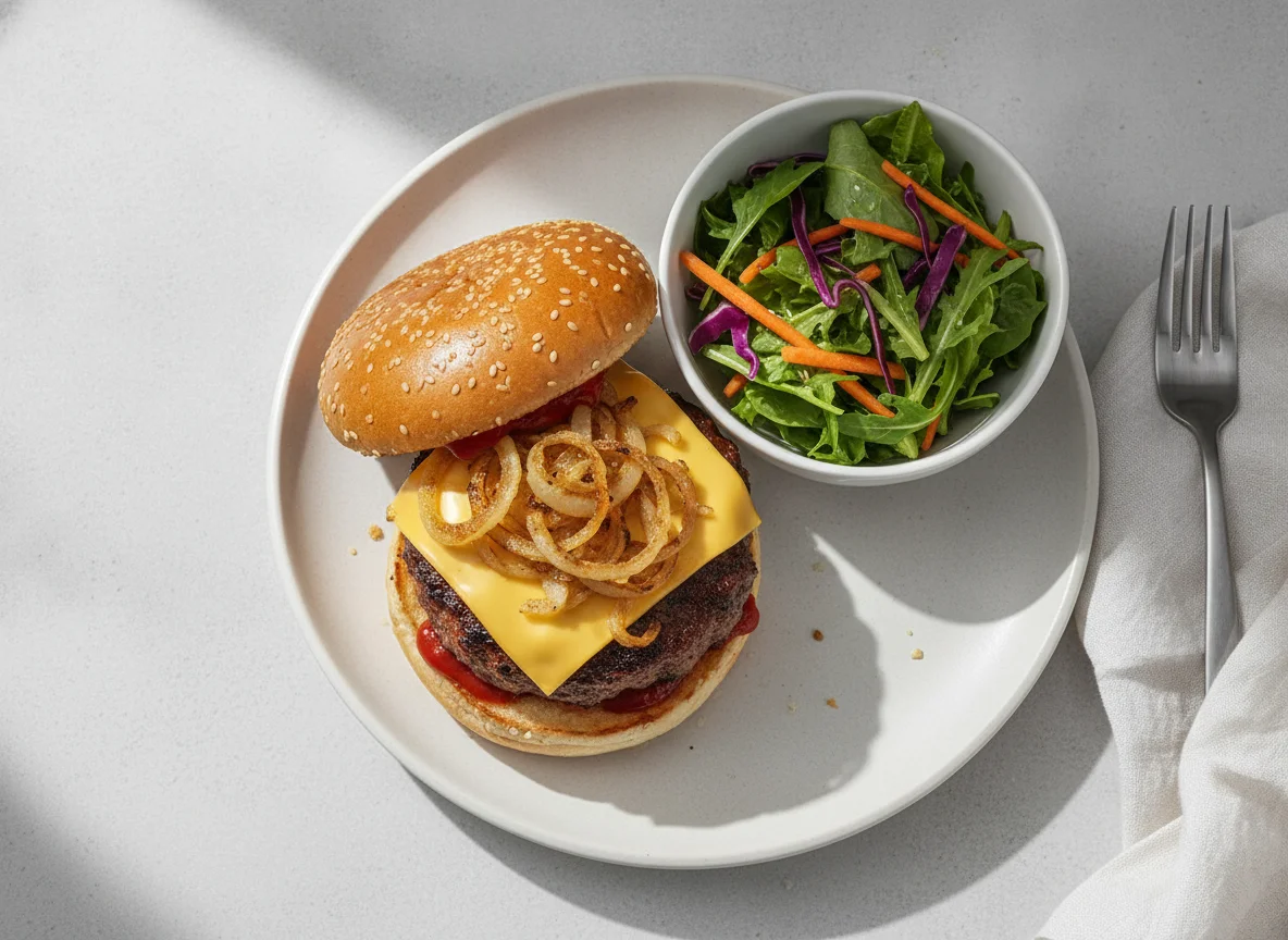 Cheeseburger with sausage and side salad photo