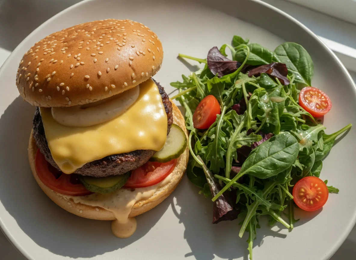 Cheeseburger with side salad photo
