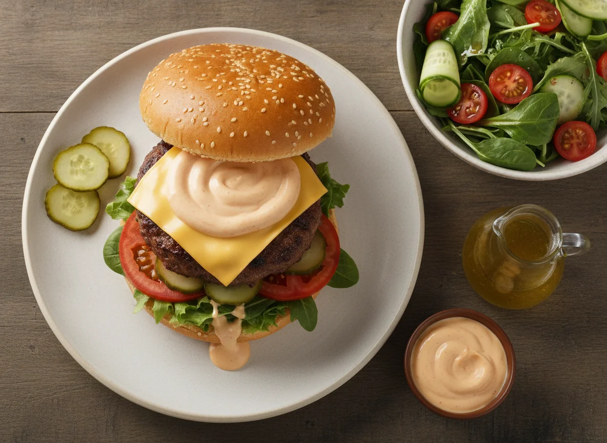 Cheeseburger with side salad, pickles and burger sauce photo