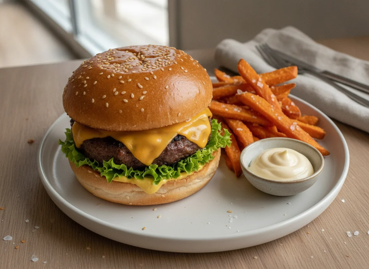 Cheeseburger with Sweet Potato Fries and Mayo photo