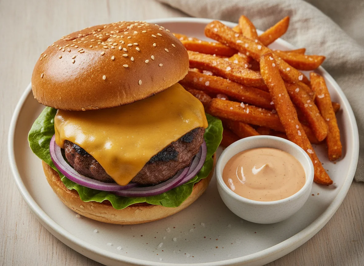 Cheeseburger with Sweet Potato Fries photo
