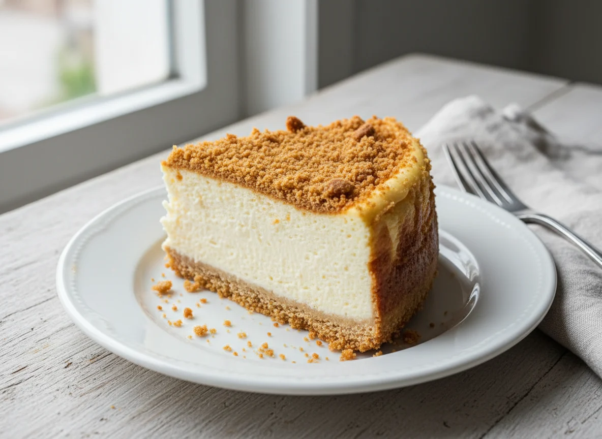 Cheesecake slice with crumbs photo