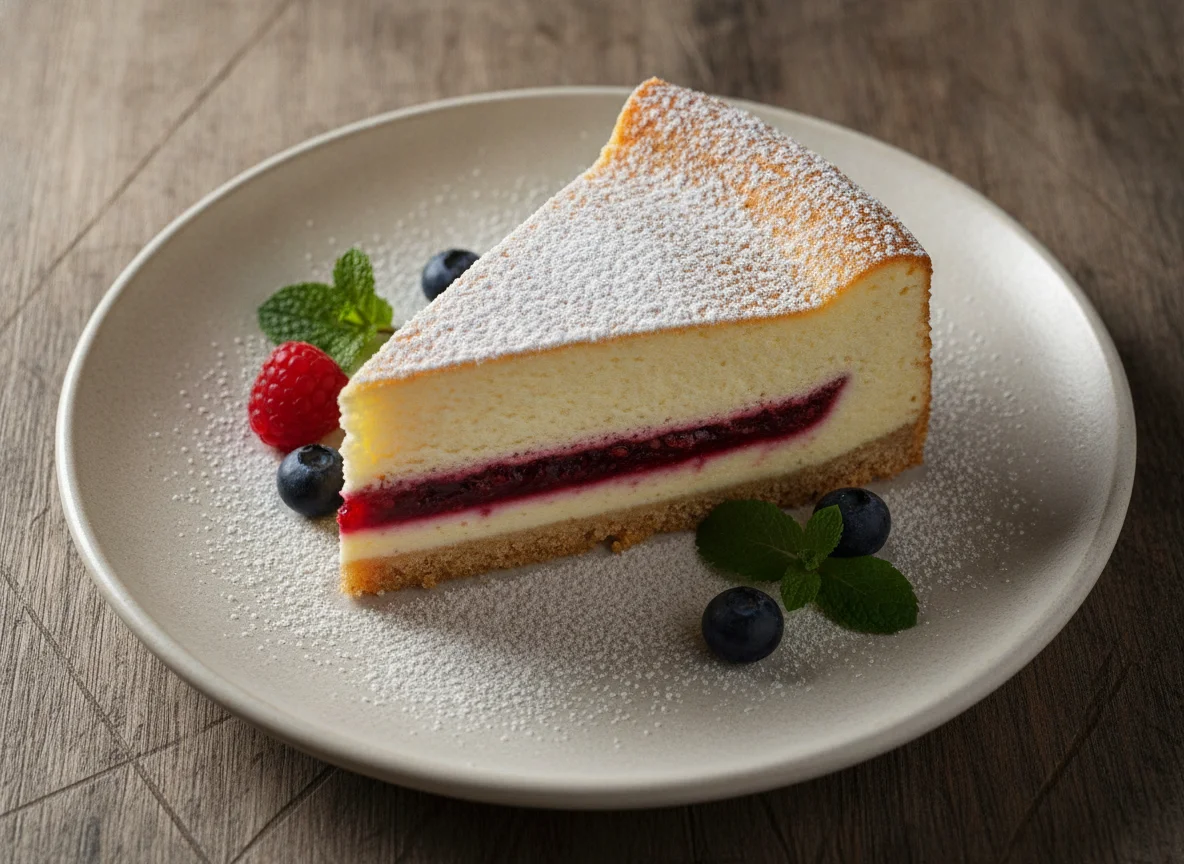 Cheesecake slice with powdered sugar photo