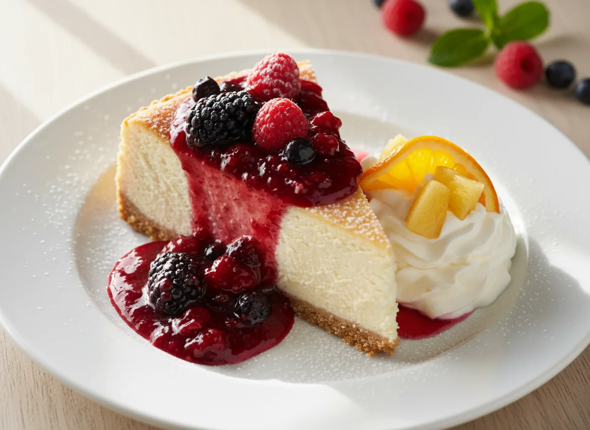 Cheesecake with Berry Coulis and Whipped Cream photo