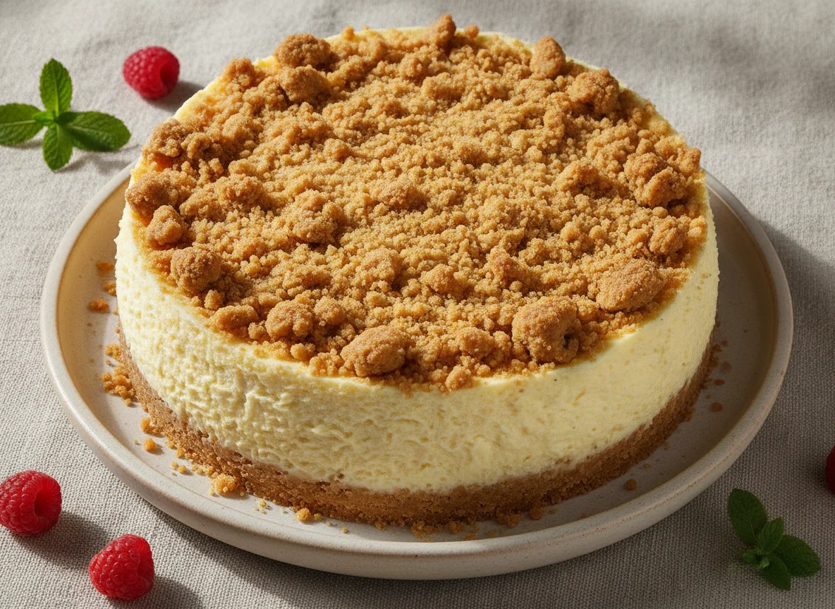 Cheesecake with crumble topping photo