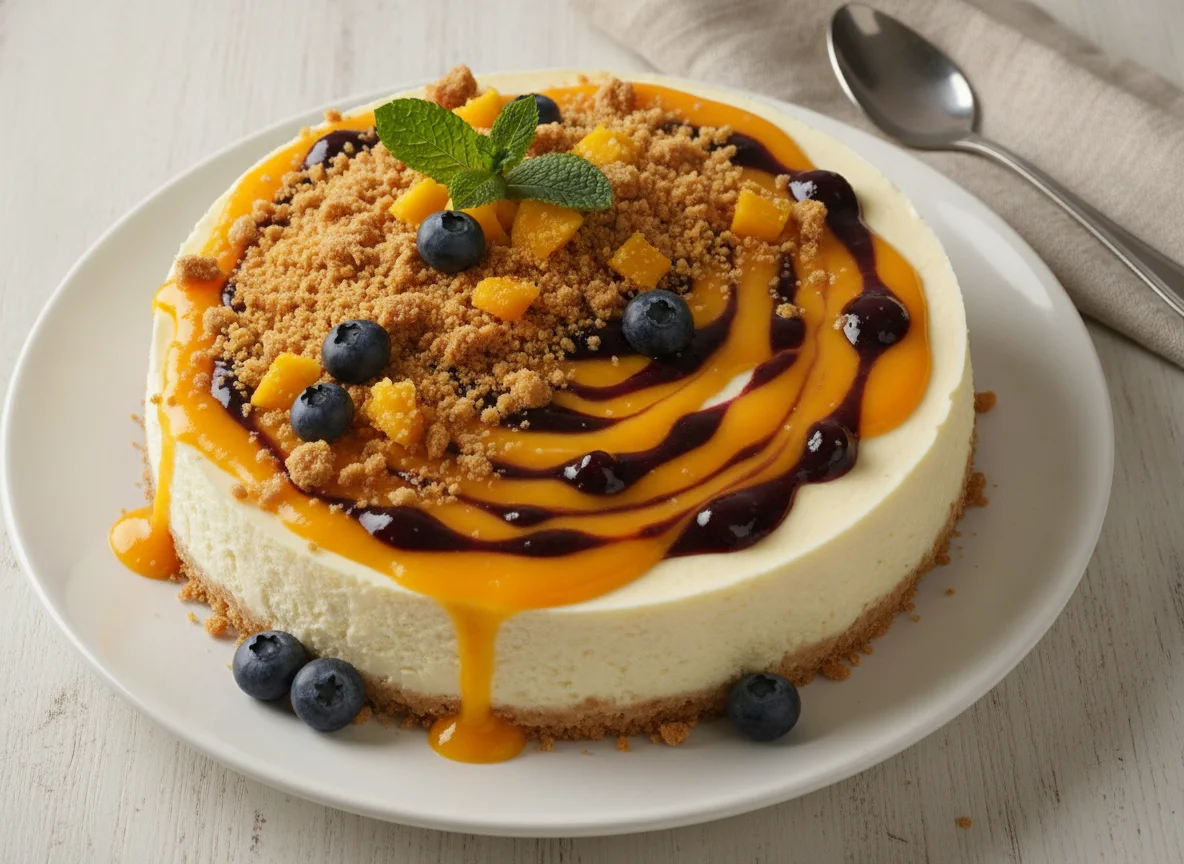 Cheesecake with fruit coulis and crumble photo