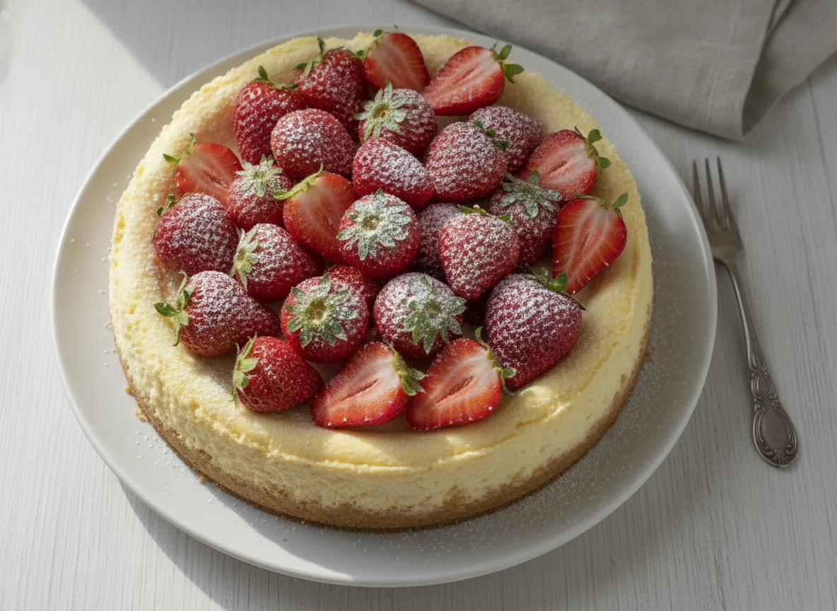 Cheesecake with Strawberries and Icing Sugar photo